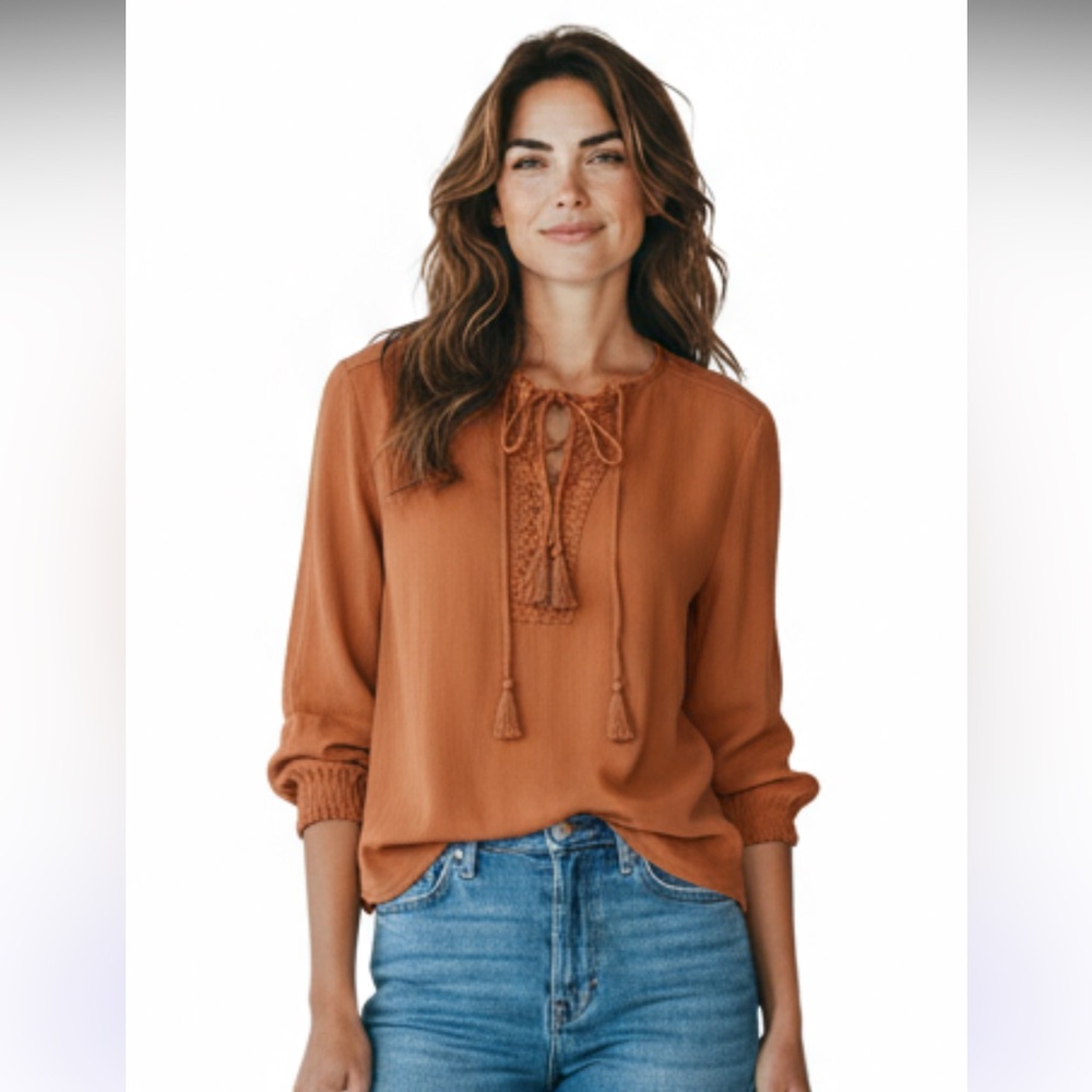 Rust Orange Blouse with Tassel Tie